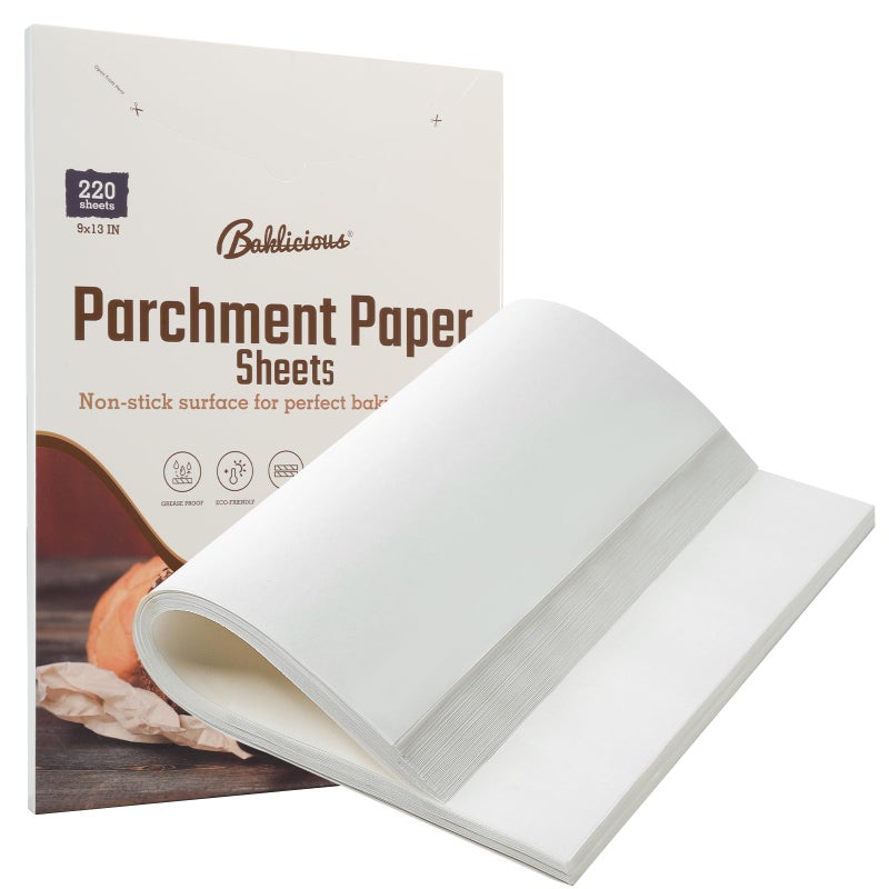 BAKLICIOUS 220 Pcs 9x13 In Parchment Paper Sheets, Baklicious Pre-Cut Non-Stick Parchment Baking Paper for Air Fryer, Oven, Bakeware, Steaming, Cooking Bread, Cupcake, Meat, Cookies - Image 1